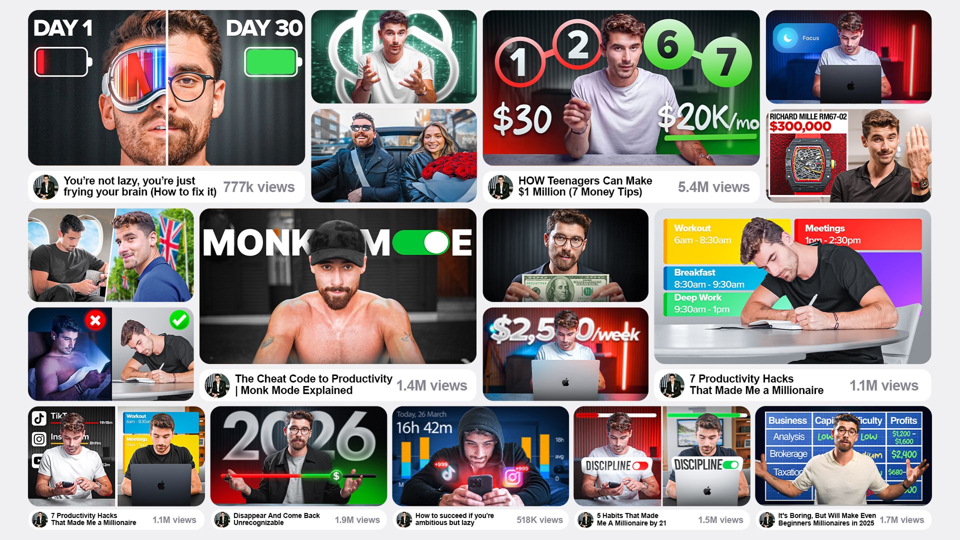 Thumbnails I designed for Iman Gadzhi, with their view counts